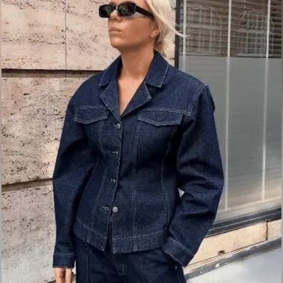 Vintage Y2K Denim Blazer Jacket Size Small Dark Wash Blue Jean Cotton - Picture 6 of 7